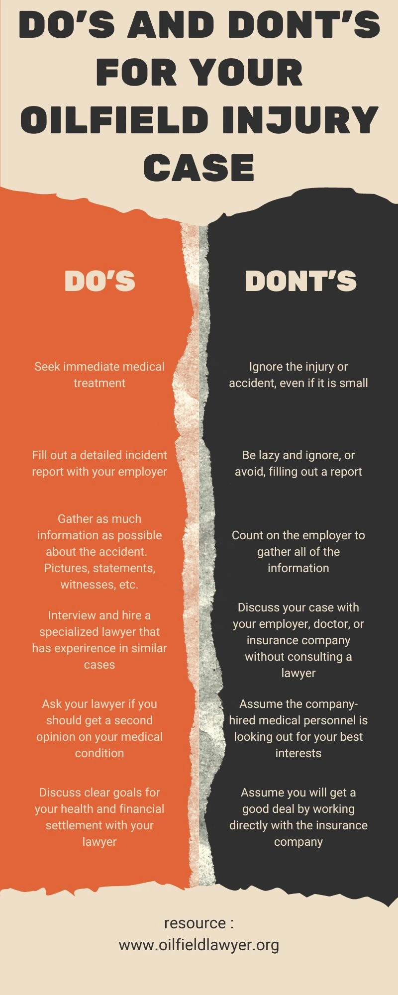 an infographic that shows some things to do and things to avoid for an oilfield injury accident case